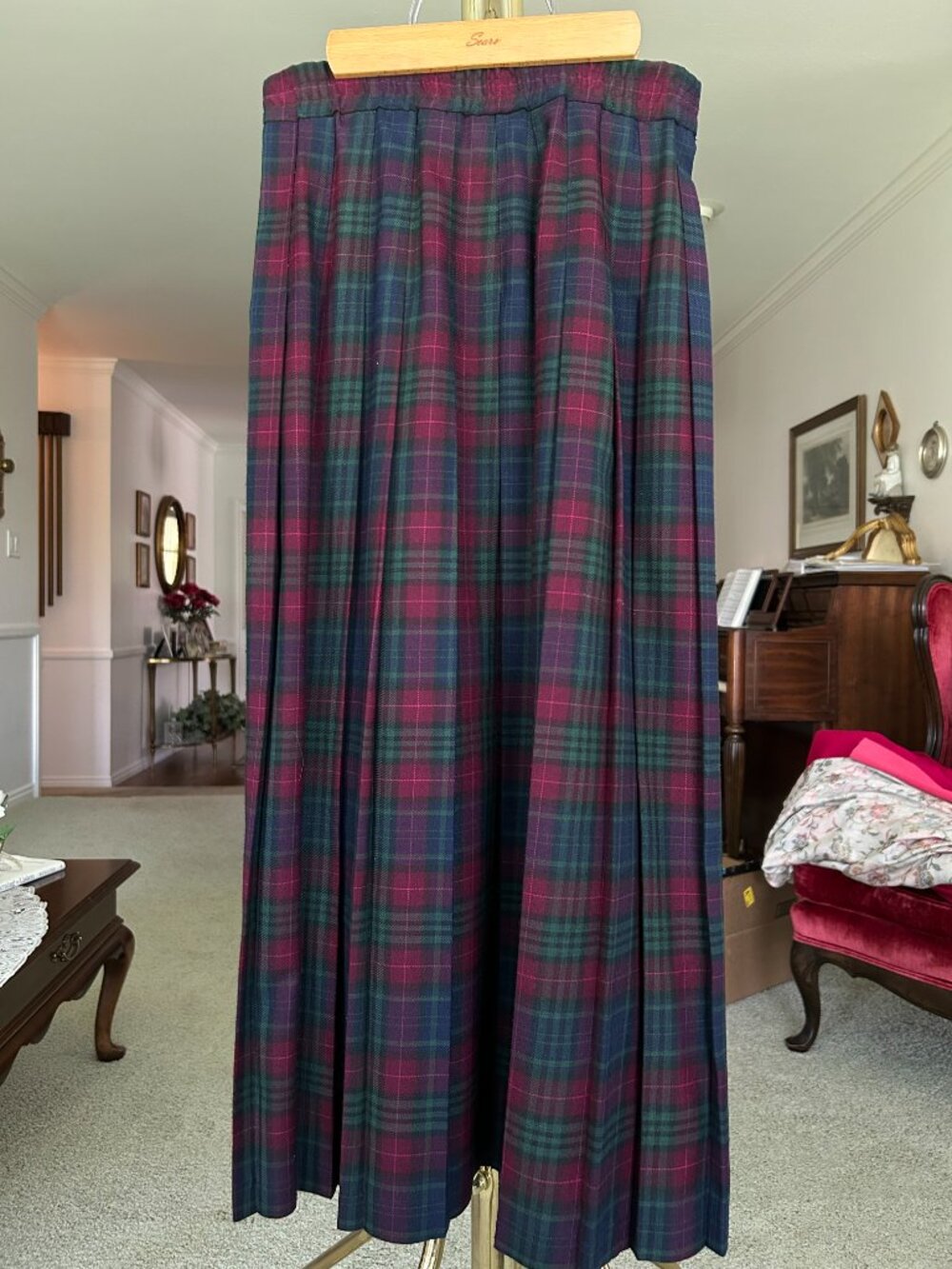 vintage tartan plaid wrap midi skirt gold button 1601 - Picture 2 of 4
